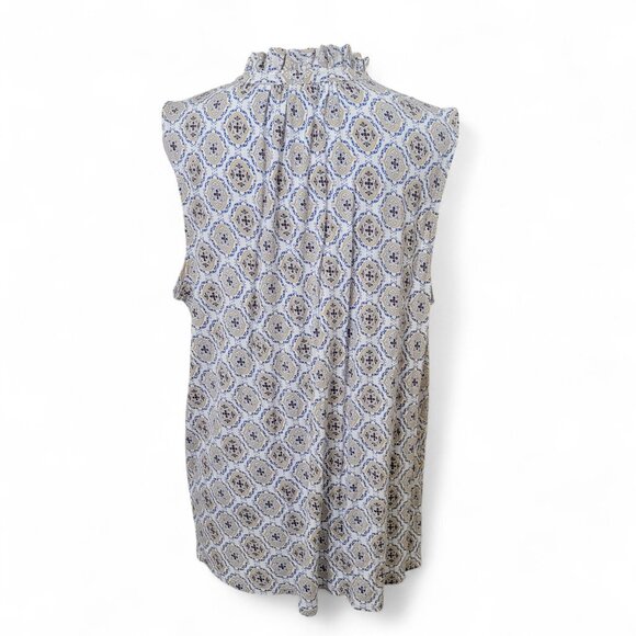 LOFT Size XL White with Blue, Tan & Yellow Medallion Pattern Sleeveless Blouse - Picture 4 of 12